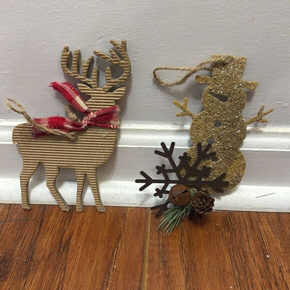 (2) Handmade Reindeer Snowman Christmas Ornaments Sparkly 4” x 6” Jingle Bells - Picture 1 of 14